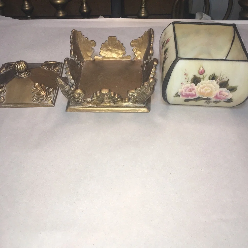 VTG Storage Box Or Tea Lite Holder With Handpainted Roses Cottage Shabby Chic